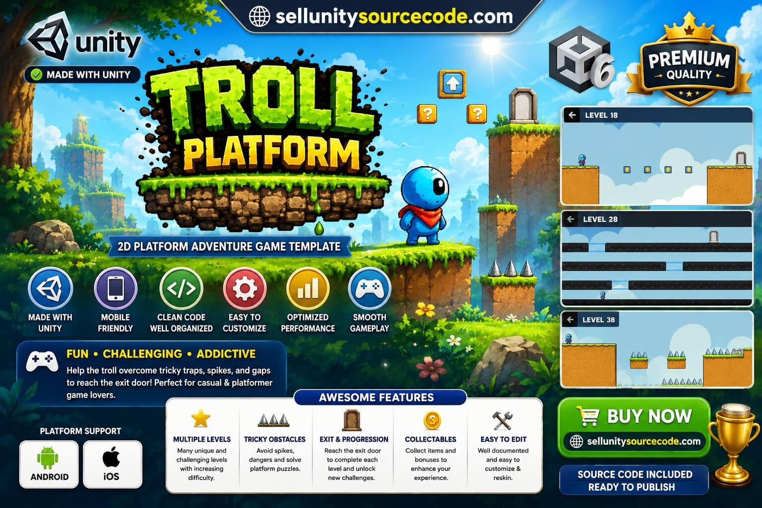 2D Troll Platformer Game Template for Unity – Complete Source Code for Android, iOS &amp;amp; WebGL source code