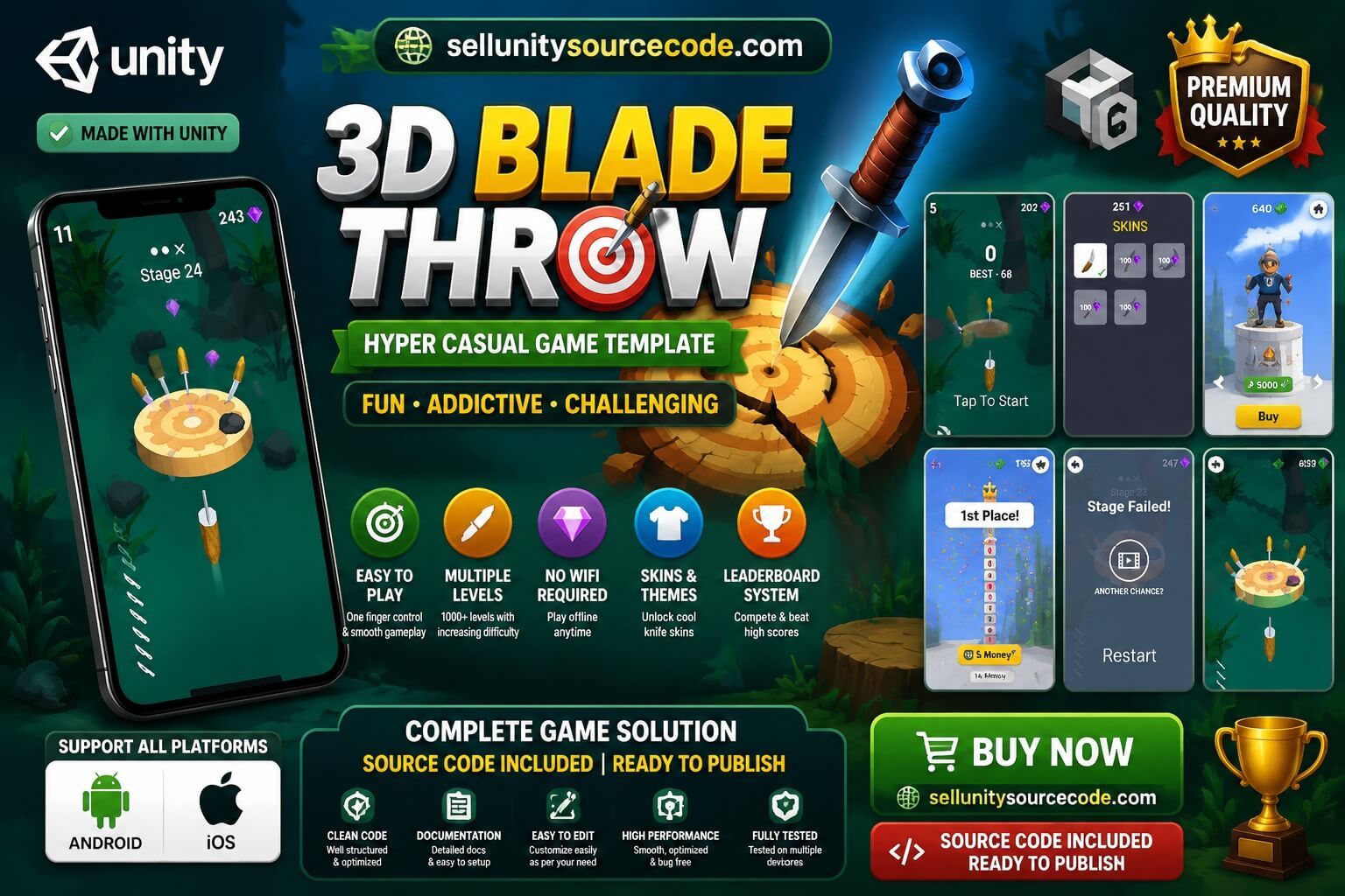 3D Blade Throw Unity Source Code – Hyper Casual Knife Throw Game Template (Android &amp; iOS) source code