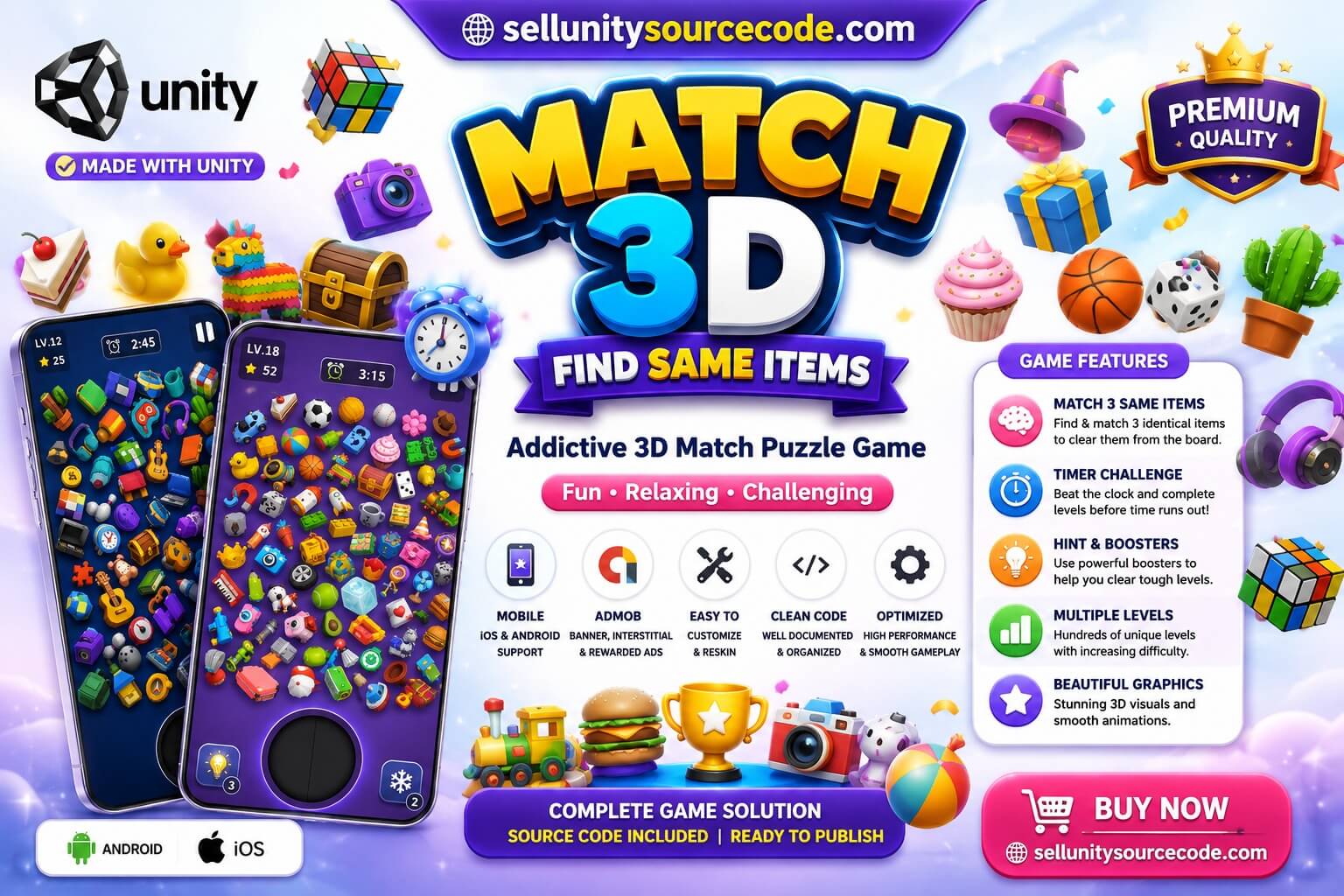 Match 3D Puzzle Game Source Code for Unity – Complete Mobile Puzzle Template for Android &amp; iOS source code